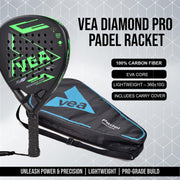 VEA Diamond Pro Padel Racket with 2 Tubes of Balls Carbon Fiber Racquet, EVA Core, 6 High-Bounce Padel Balls Premium Padel Set for Power & Control