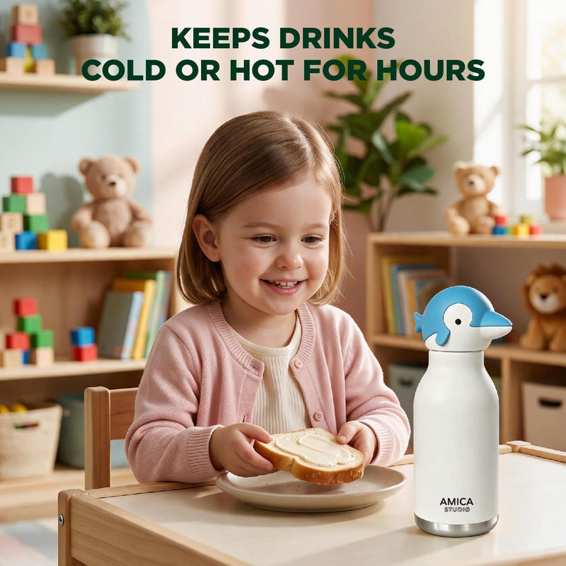 Kids Water Bottle 460ml Insulated Stainless Steel - AMICA STUDIO (Dinky Dolphin)