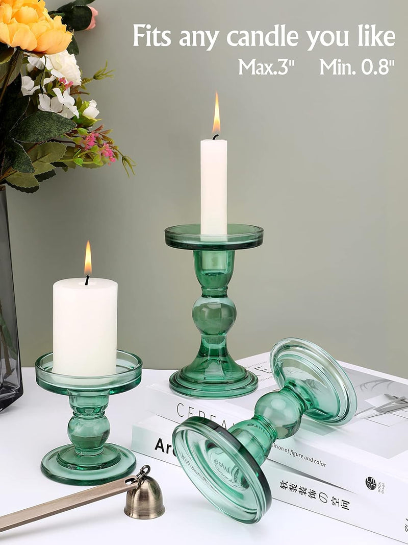 Lewondr Glass Candle Holders, 3 Pieces Crystal Clear Candlesticks with Elegant Design for Pillar Taper Candle and Tea Light, Home Table Living Room Wedding Party Decorations Home Décor - Clear