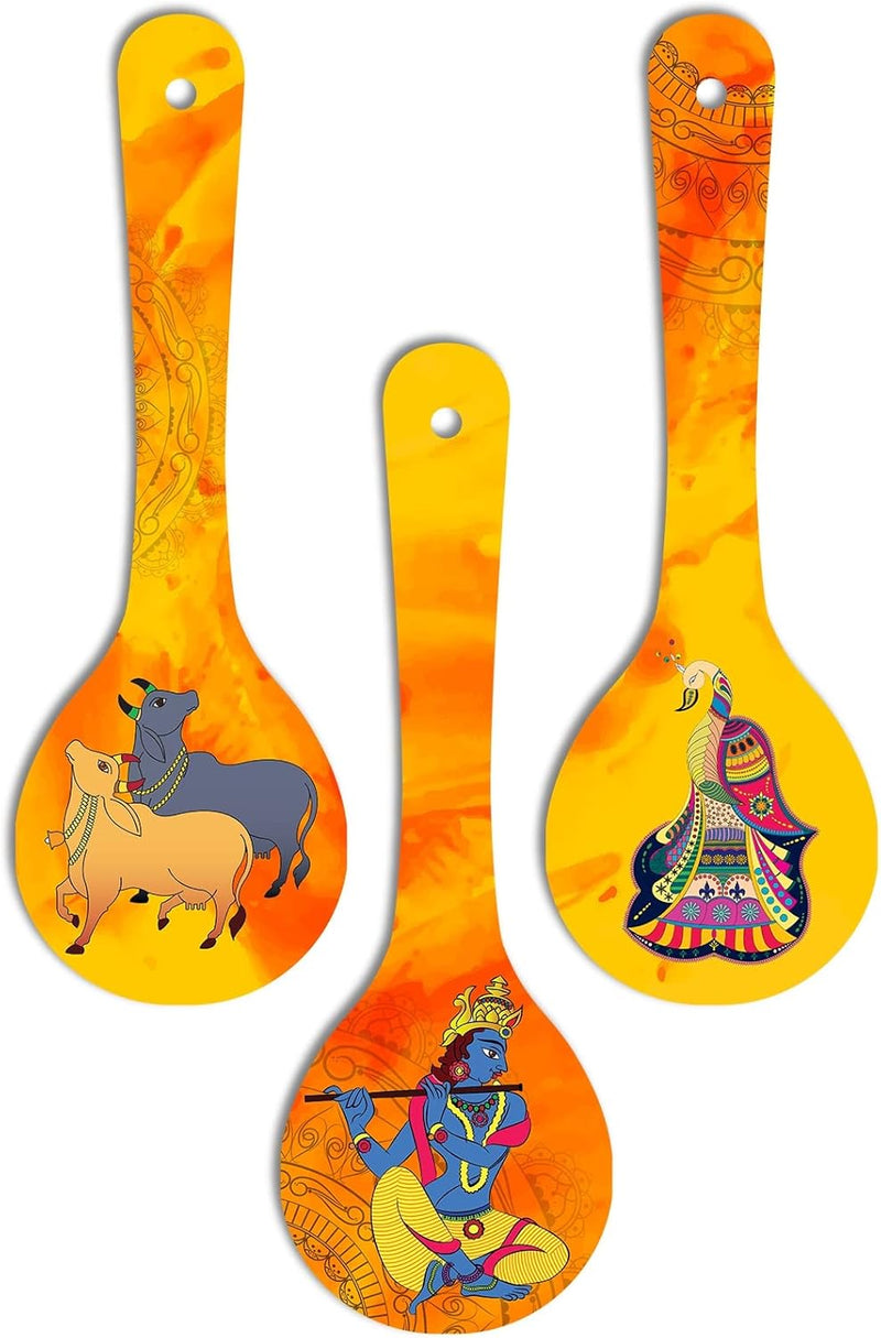 Artvibes Rajasthani Culture Wooden Wall Hanger for Home | Office | Living Room | Gift | Modern Decoration Items | Kitchen Wall Decor | Home Decor Hanging Items (WH_5012N), Set of 3