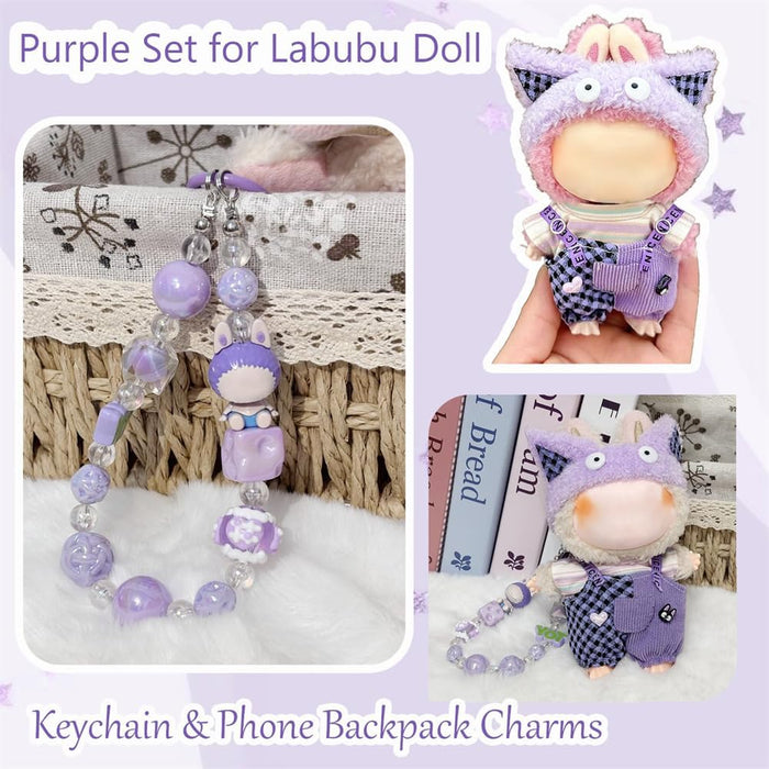 AZONEE Clothes for Labubu, Clothes Set with Charm Bracelet for Labubu 17cm Dolls, Adorable Dress-Up Accessories for Labubu Doll (Purple Cat)