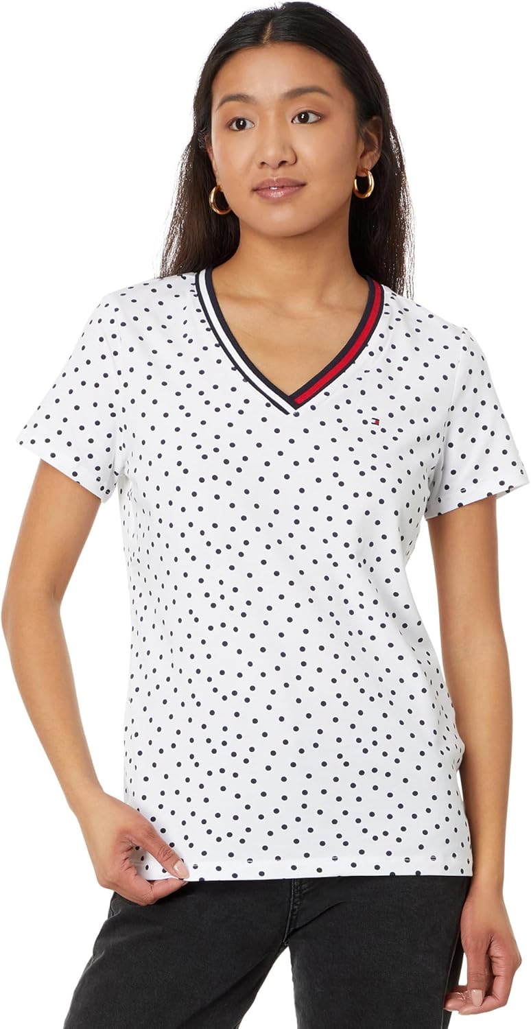 womens Tommy Hifliger Women's V-neck Flag Tee T-Shirt - Bright White/Sky Captain