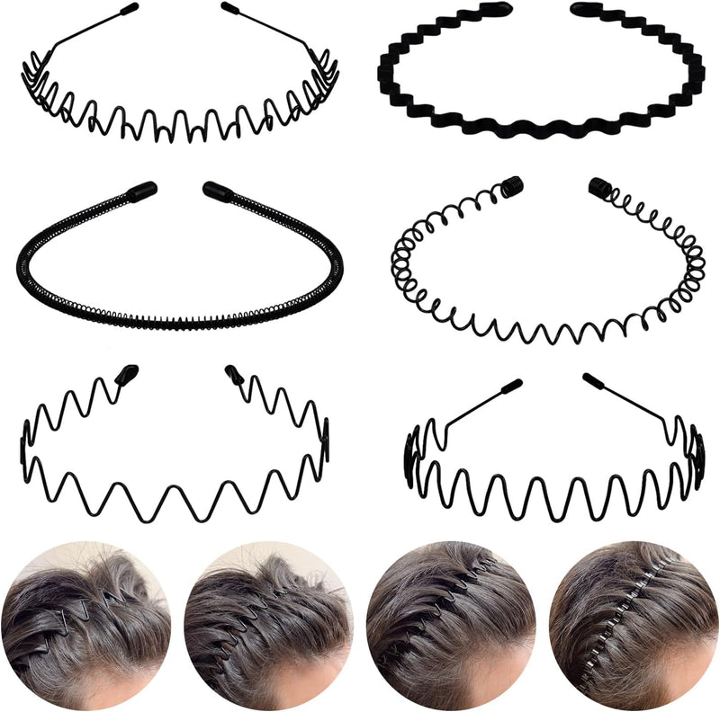 fenshine Metal Hair Bands Feather Wavy Headband Unisex Black Wavy Headband Polished Backwards Non-Slip Sports Hair Band for Women Men 6 Pack - black