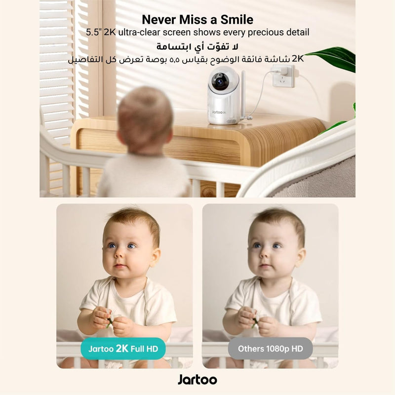 Jartoo 2K Video Baby Monitor with 2 Cameras and Audio, 1860ft Long Range Baby Monitor No WiFi, 5.5" Split Display, VOX - AI Cry Detect, ANR, IR Night Vision, 2-Way Audio, 6000mAh