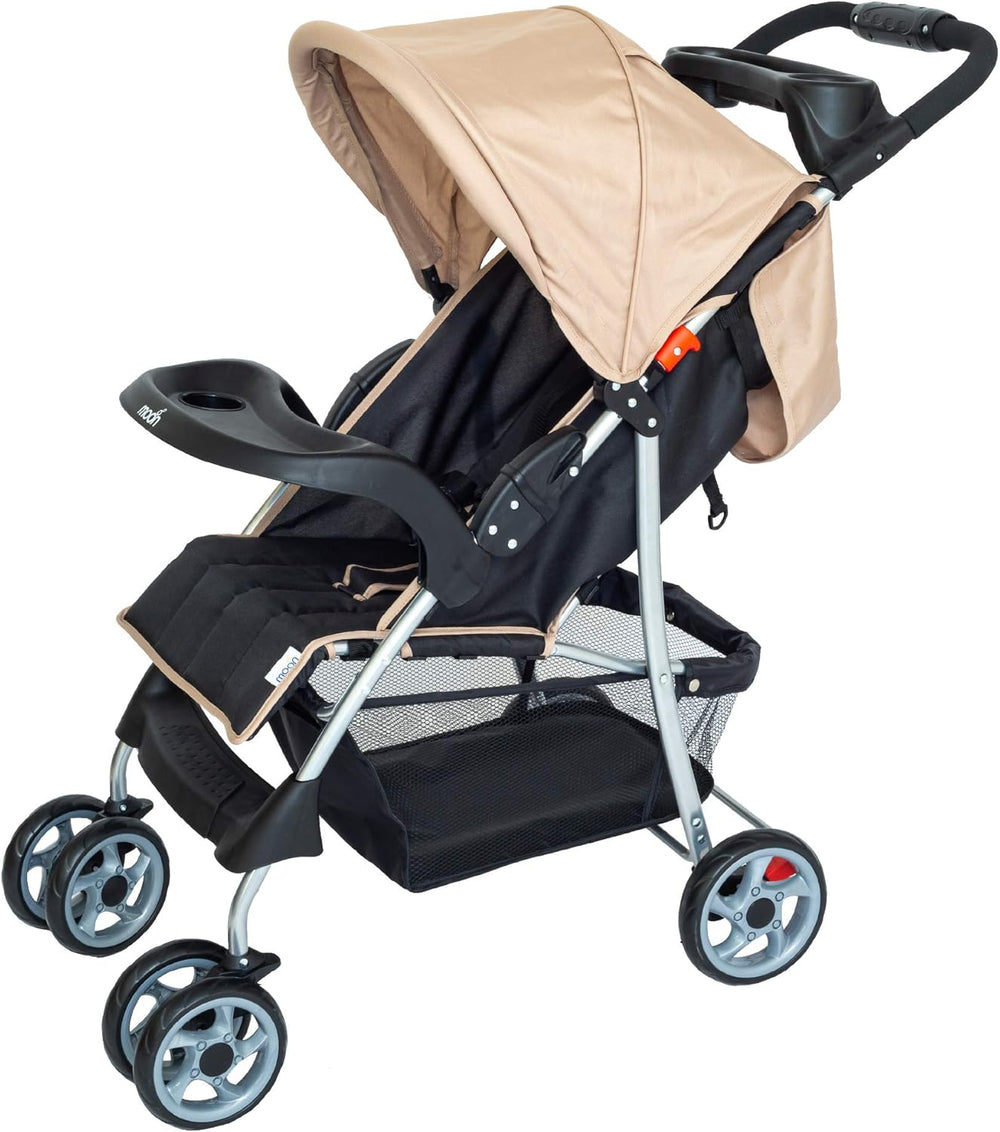 The Moon Brand Trek Baby Stroller One Hand Fold Baby Travel Gear Lock, Dual Tray, Leg Rest, MultiReclining Seat Baby Trolley for Newborn, Infant & Toddler 0m+ (Up to 24 Kg) Beige