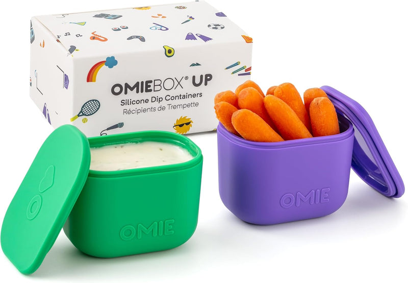 OmieBox (2 pack) Leakproof Dips Containers To Go, Salad Dressing Container, Condiment Container with Lids - Food Safe Silicone - 4 ounces (Sea Blue/Green) - 4.5 ounces Purple, Green