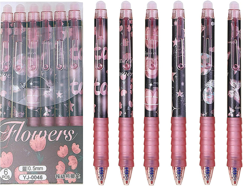 MOZXIRZ 6 Pcs Erasable Gel Ink Retractable Pens 0.5mm Blue Ink for Office School - Cute Aesthetic for Women Girls (Blue Ink-Stars) - Blue Ink-Flowers