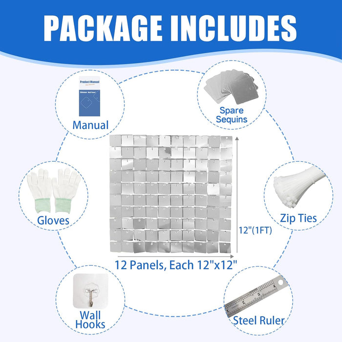 Ozikutech 12 Pcs Silver Shimmer Backdrop for Party Decoration, 3FTx4FT Silver Sequin Wall Backdrop Panels for Birthday Graduation Anniversary