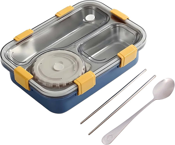 Stainless Steel Bento Lunch Box with Soup Bowl 3-Compartments Tiffin Box for Adults Kids Leak Proof Lunchbox Multifunctional Airtight Food Storage Containers (Blue)