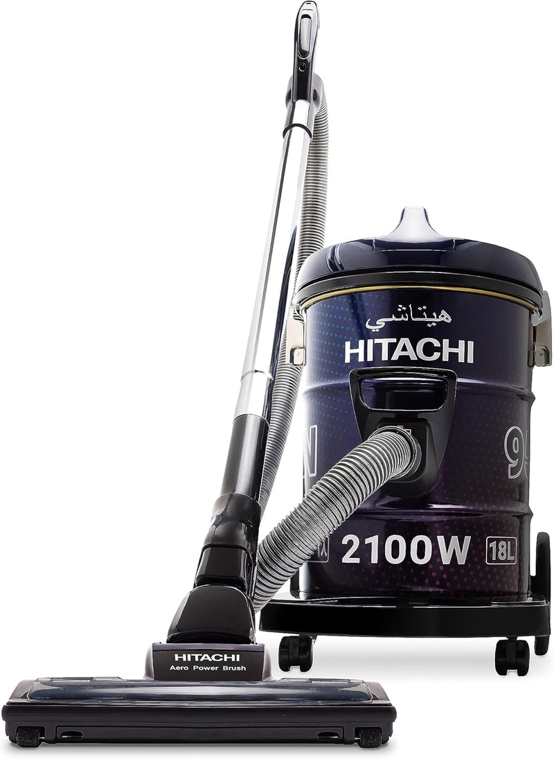 HITACHI Drum Vacuum Cleaner 2100 Watts, 18L Tank Dust Capacity, Aero Power Brush to Clean Efficiently, Metal Pipe, Dusting Brush & Crevice Nozzle, Washable Filter, Best for Home & Office, CV955NBLGCM - Aero Power Brush with Metal Pipe