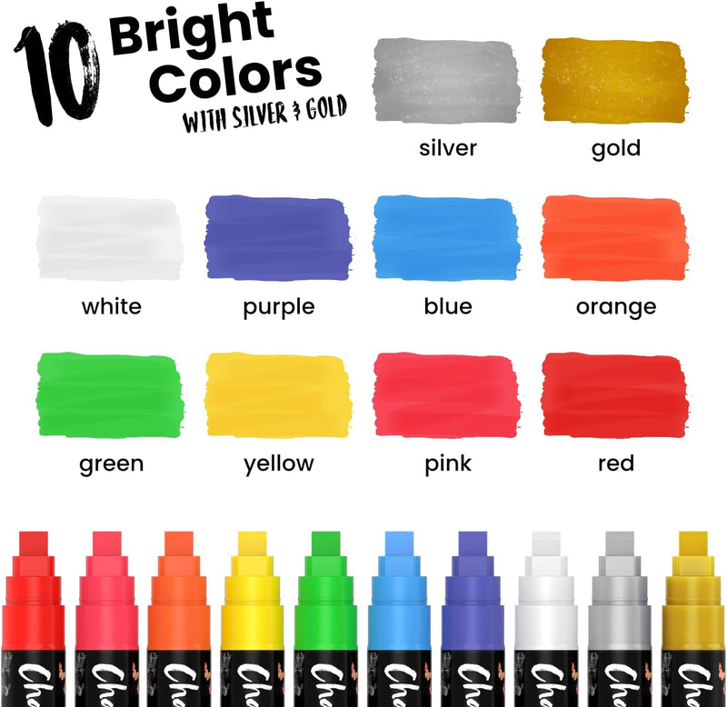 Chalkola Liquid Chalk Markers Erasable (10 Pack) w/Gold & Silver - Washable Paint Chalk Pens for Chalkboard Signs, Blackboard, Car Window, Bistro, Glass, Board - Neon Wet Wipe 6mm Reversible Bold Tip