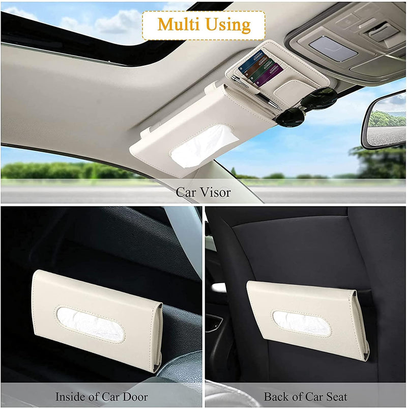 ZeeSquare Car Tissue Holder Organizer (Beige) – Compact PU Leather Tissue Box Holder for Car Sun Visor, Seatback or Dashboard – Car Accessories Interior Tissue Box Case