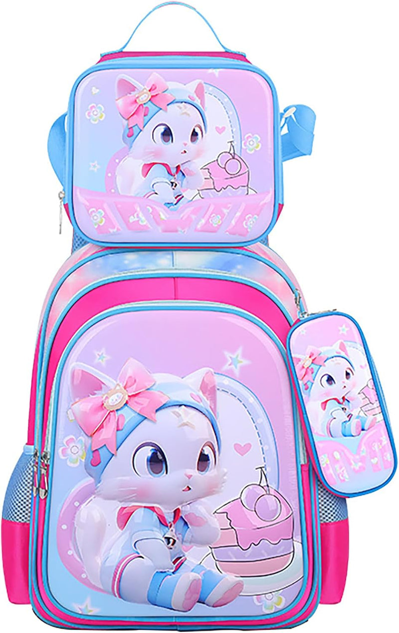 3PCS Kids Backpack for Boys Girls, 16 Inch Water Resistant Bookbag & Lunch Box & Pencil Case for Preschool Kindergarten Primary Junior Elementary School Teen Students (6-12 Age) - A-Rainbow Cat