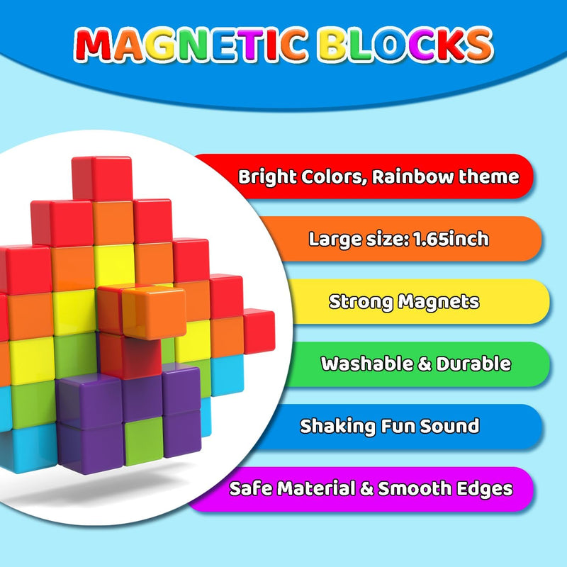 Pairez Toys Magnetic Building Blocks, 1.65 inch Large Magnetic Stacking Cubes for Toddlers, Sensory & Montessori Toys for Boys & Girls 1 2 3 Years Old (12 PCS)