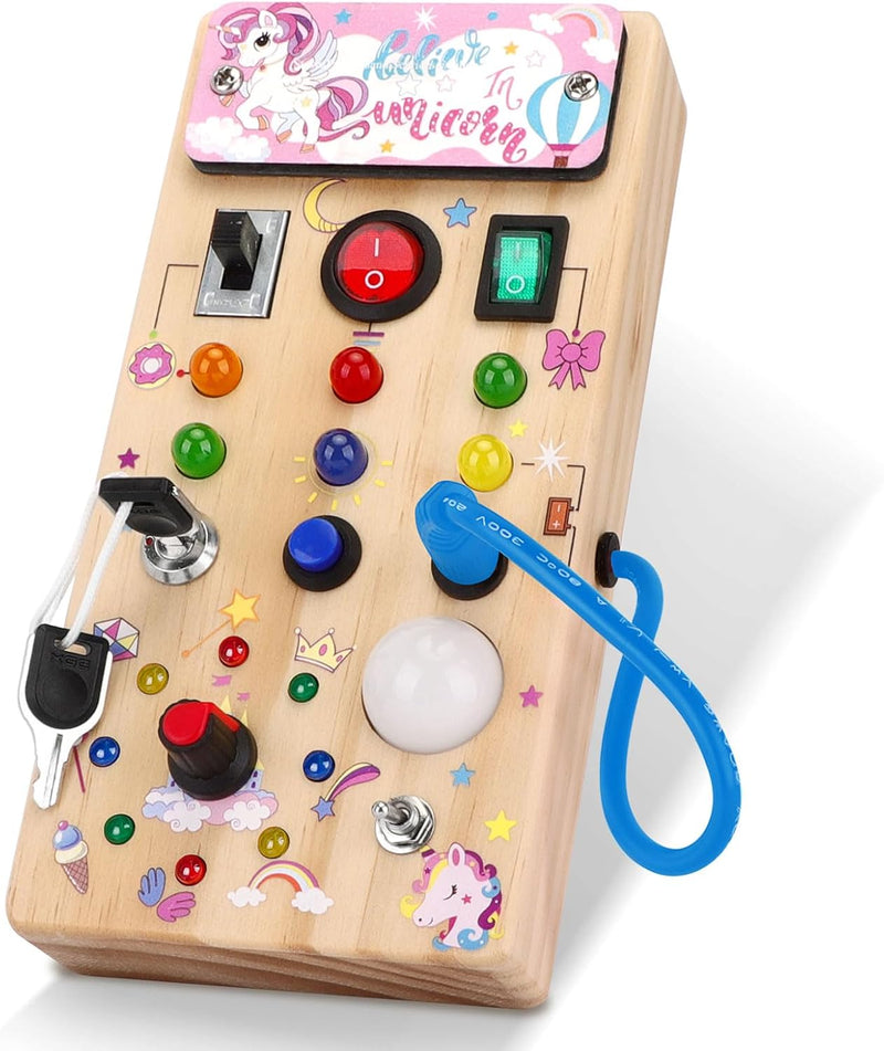 Hoarosall Montessori toys Clock Wooden Busy Board with 11 LED Light switches, Tooddler Toys Sensory Toys Travel Toys for 1+ Year Old Baby and Toddler