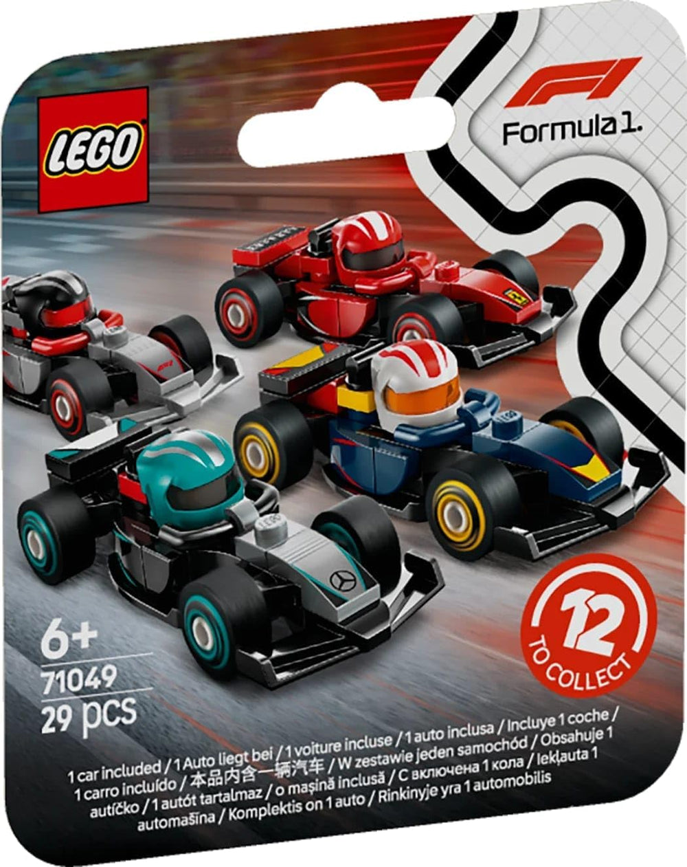 Minifigures F1 Collectible Race Cars Toys - Get 1 of 12 Mini Car Models with Drivers Helmets & Moving Wheels - Formula 1 Teams incl. Ferrari, Mercedes, McLaren, Red Bull - Mystery Box - 71049