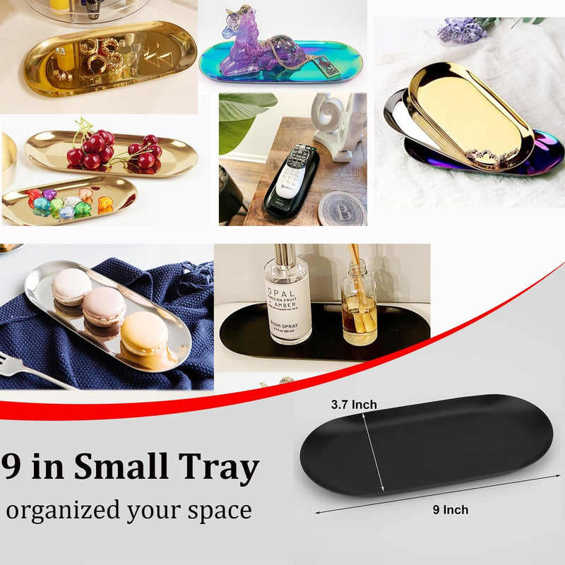 Fermus Stainless Steel Decorative Tray, Set of 2, 9 Inch Long, Jewelry Dish Cosmetics Organizer Bathroom Clutter Serving Platter Small Storage Tray, Oval, Gold