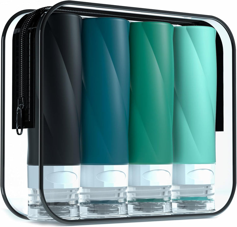 Gemice Travel Bottles for Toiletries, 3oz Tsa Approved Travel Size Containers BPA Free Leak Proof Travel Tubes Refillable Liquid Travel Accessories with Clear Toiletry Bag (4 Pack)