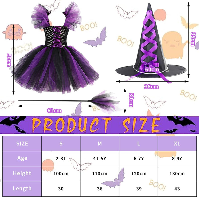 Yoawllty Witch Costume Halloween for Girls with Hat & Broom Fancy Party Dress Up Outfit, Fairytale Witch Costume Cute Witch Costume Set Purple