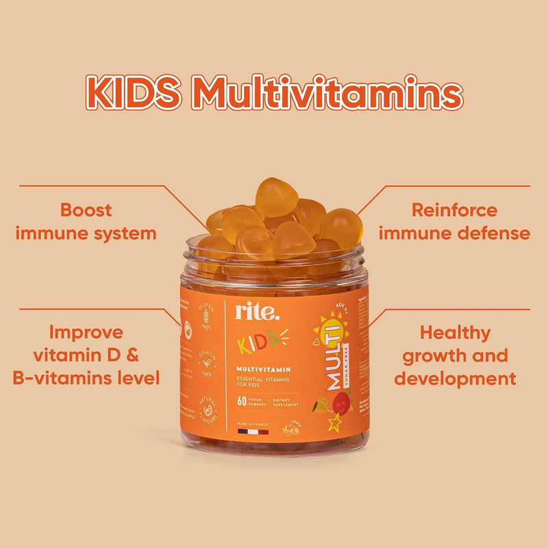 KIDS Sugar-free Vitamin Gummies High dose of Multivitamins: B-Vitamins C and D, Elderberry extract Supports childs growth & immunity Suitable for Kids (age 4+) 60 Vegan Gummies Peach flavor