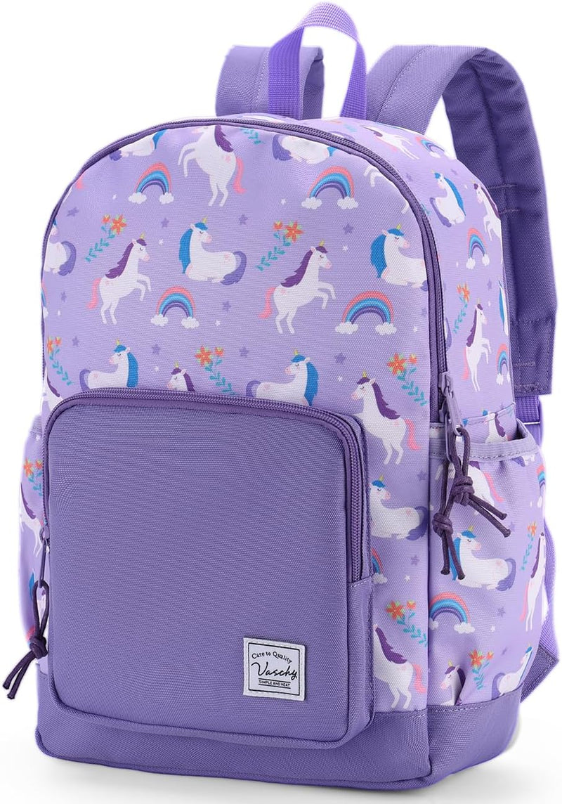 Children's Backpack, Lightweight School Bag for Girls Boys Primary Kindergarten 4-6 Years Waterproof Cute Backpack for A4 Folder Preschool Travel with Chest Strap - Purple Unicorn