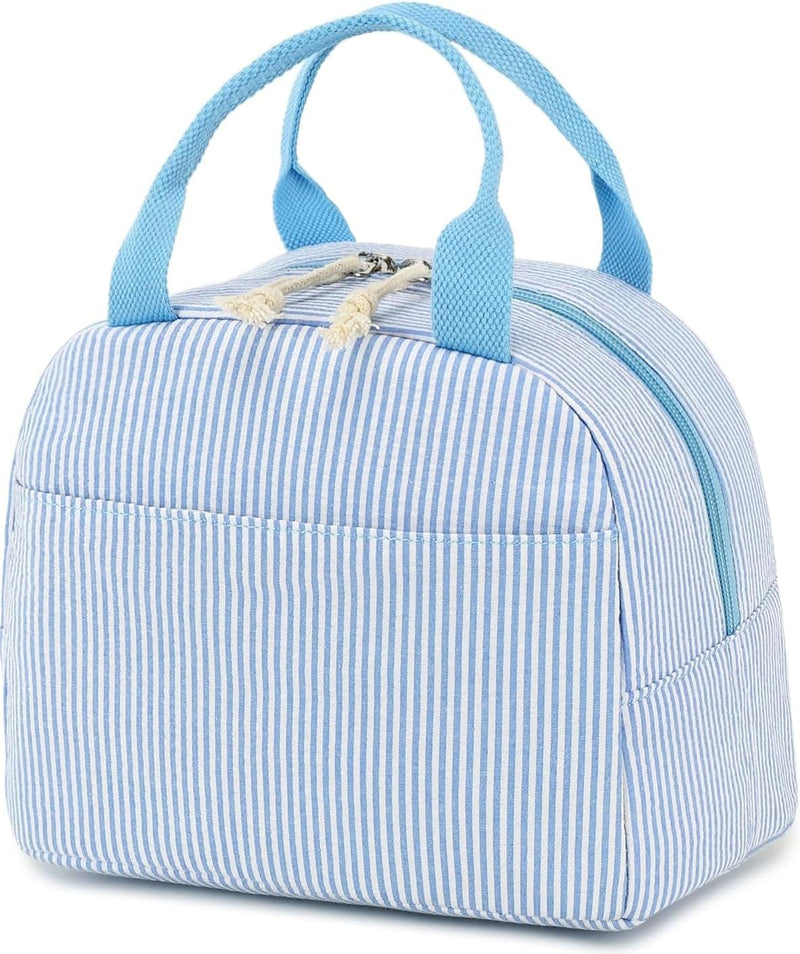Lunch Bag for Women Men Cute Corduroy Lunch Tote Bags Reusable Insulated Lunch Box Large Capacity Reusable Insulated Cooler for Work Picnic or Travel (Corduroy strawberry) - Light blue white stripes