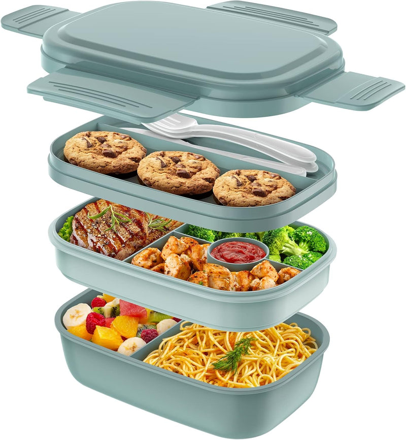 Bento Box Adult Lunch Box,3 Stackable Bento Lunch Containers for Adults/Kids, Modern Minimalist Design Bento Box with Utensil Set, Leak-Proof Lunchbox Bento Box for Dining Out, Work, Picnic, School - Green
