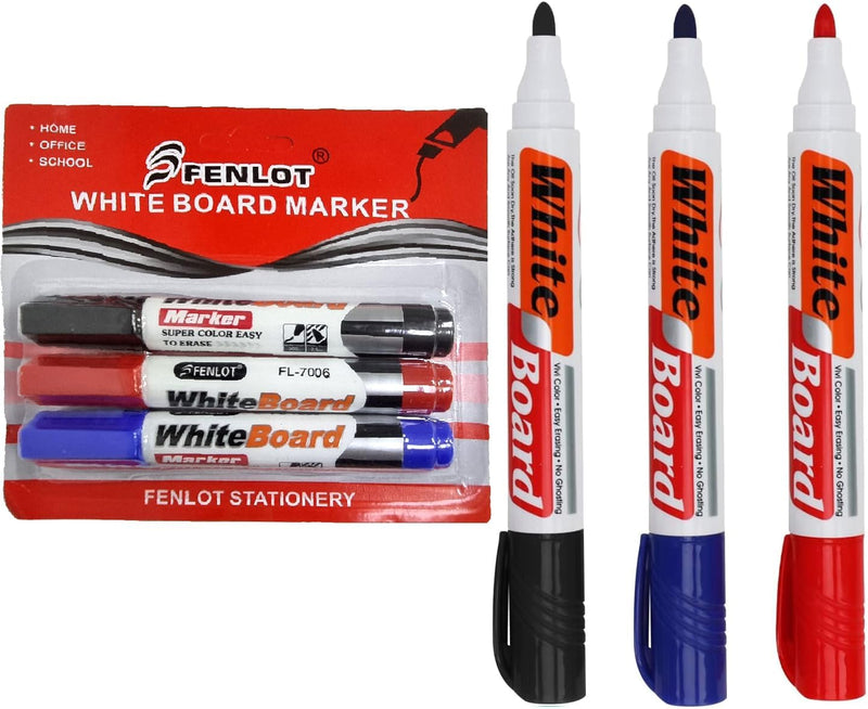 Fenlot Whiteboard Marker Set – 3PCS (Red, Blue, Black), Easy-Erasing, Low-Odor Dry Erase Markers for Whiteboards, Perfect for Office, School, and Home Use
