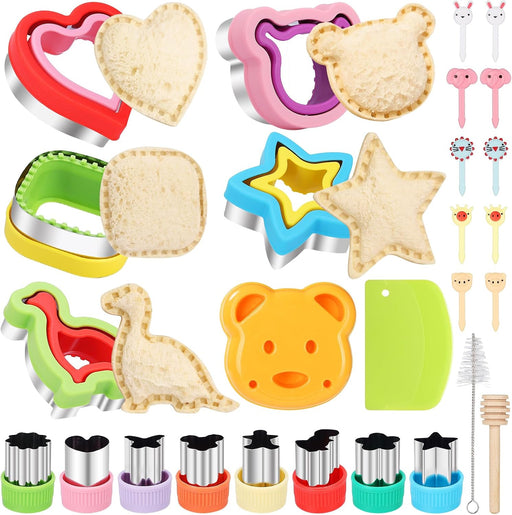 27Pcs Sandwich Cutter and Sealer Set5pcs Bread Sandwich Sealer Decruster Maker,1pcs Bear-Shaped Silicone Mould and 8pcs mini Vegetable Cutters and 12pcs Ancillary Accessories