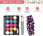 DELFINO Body Painting Face Paint Kit, 15 Color Non-Toxic Professional Palette Washable with Brush for Kids for Art Show Halloween Party Colsplay Makeup Body Festive Face Paint Kids
