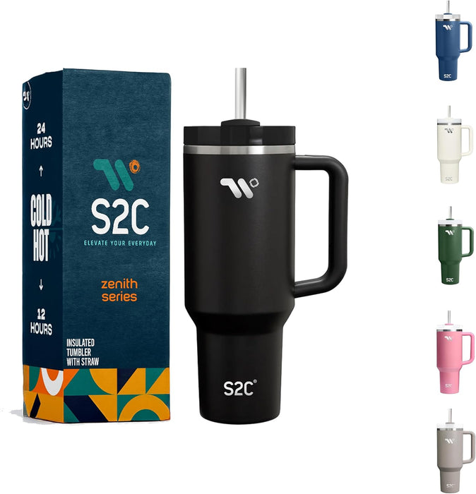 S2C 40oz Stainless Steel Tumbler with Handle & Straw – Double Wall Vacuum Insulated Mug – Leakproof, BPA-Free, Keeps Drinks Hot & Cold – Ideal for Office, Gym, Travel – Fits Car Cup Holder–(Blue)