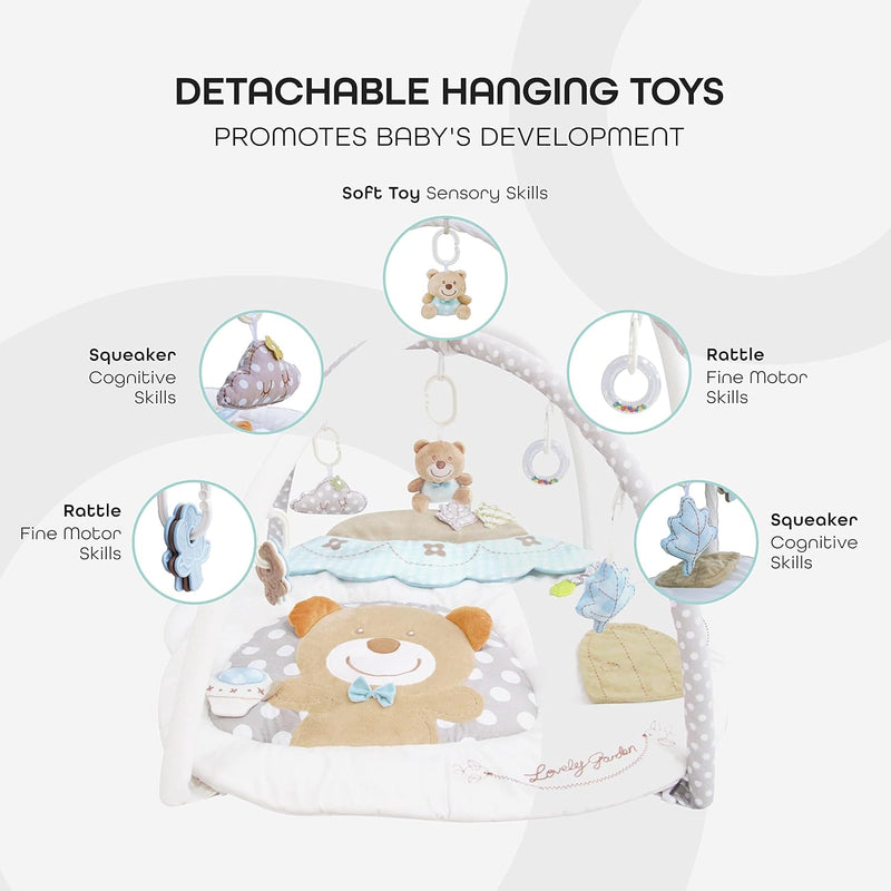 The Moon Brand Perky Baby Playmat and Activity Gym for Newborn Baby & Infant 5 Hanging Sensory Toys Visual, Hearing, Touch, Cognitive Early Development Playmat. Suitable from 0m+ 80cm - Tea Pot