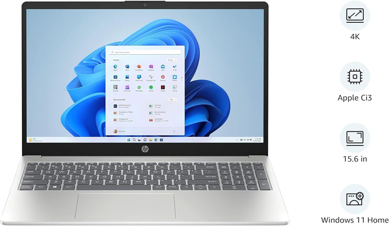 Essentials Laptop 2024 Model 15.6" HD 13th Gen Intel Core i3 4GB 256GB SSD Intel UHD Graphics Windows 11 Natural silver Standalone 15-FD0002NE En/Ar Kb UAE Version - UAE Version Core i3|4GB|256GB
