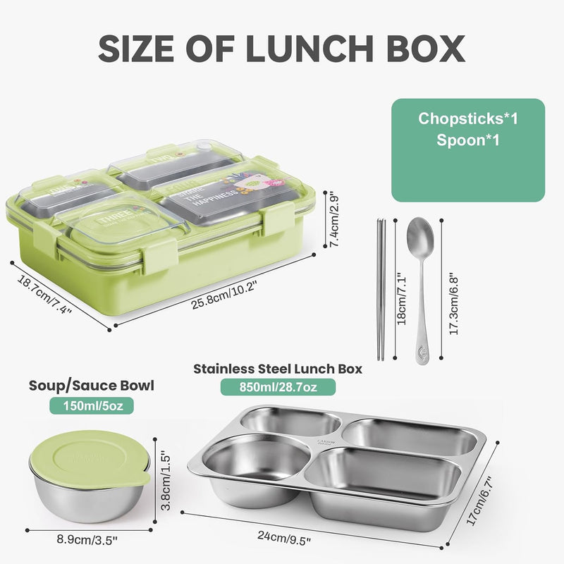 Stainless Steel Adult Lunch Box, 28.7 Oz 4-Compartment Metal Bento Box Kids Snack Containers With 5 Oz Soup/Condiment Cup, Food Storage Containers With Utensils, Ideal For School, Office & Travel