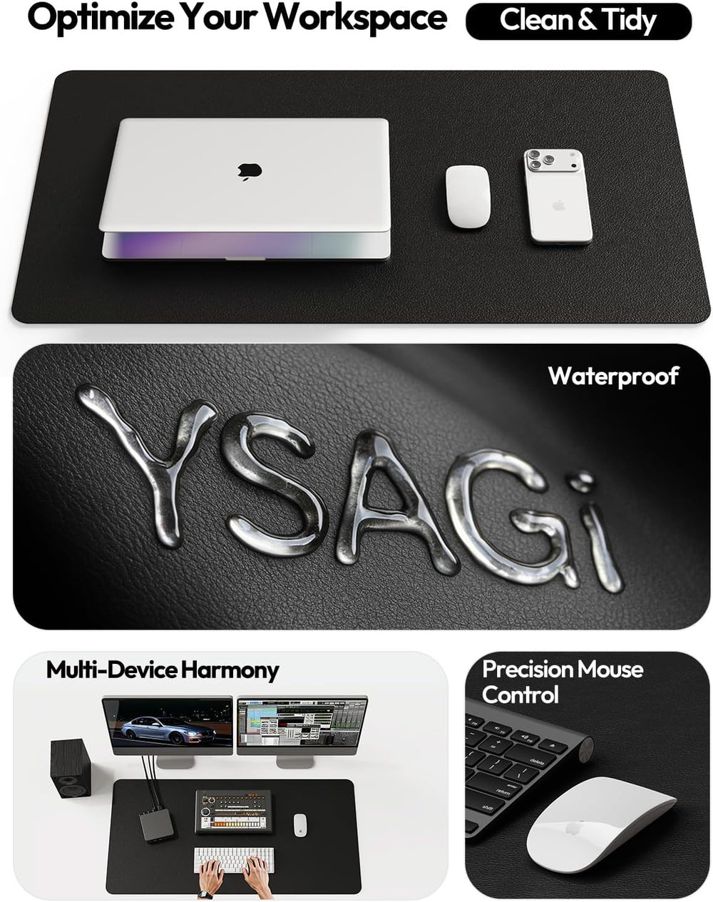 Desk Mat Large, Leather Mouse Pad, Black, 120x60cm Large Mousepad, Office Desk Protector, Non-Slip, PU Leather, Laptop Desk Blotter, Waterproof Writing Pad, for Office/Home