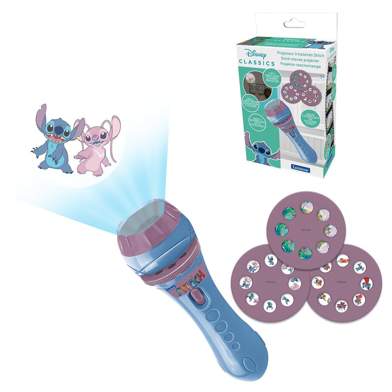 Lexibook - Disney Stitch - Stories projector, torch light and projector with 3 discs, 24 images, create your own stories, LTC050D