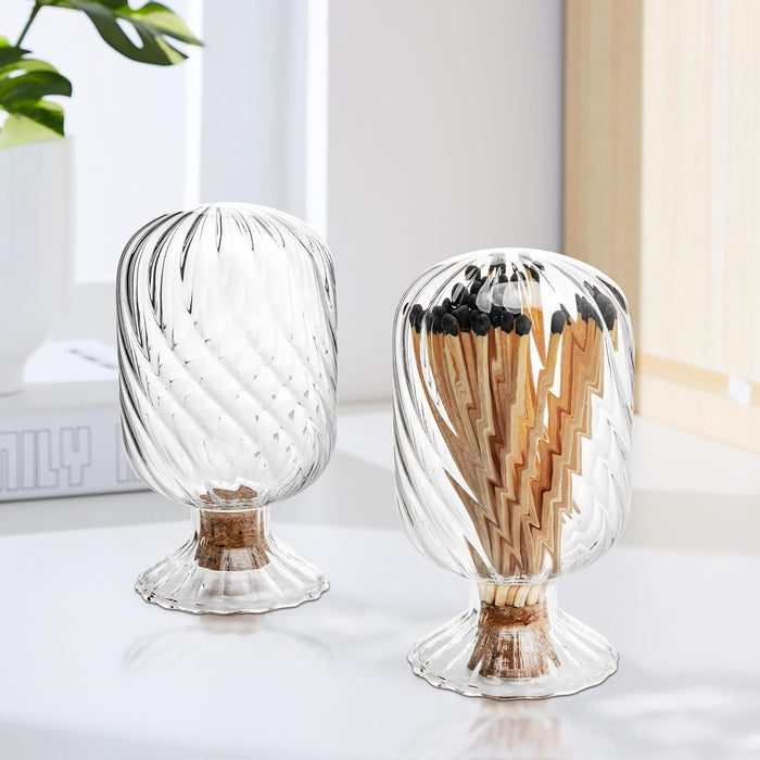 Tazweeq Helix Shaped Match Holder, 3.5 Inch Glass Matches Cloche, Upside Down Match Holder Jar for Scented Candle on Dining Table, Fireplace, Bathroom Decoration