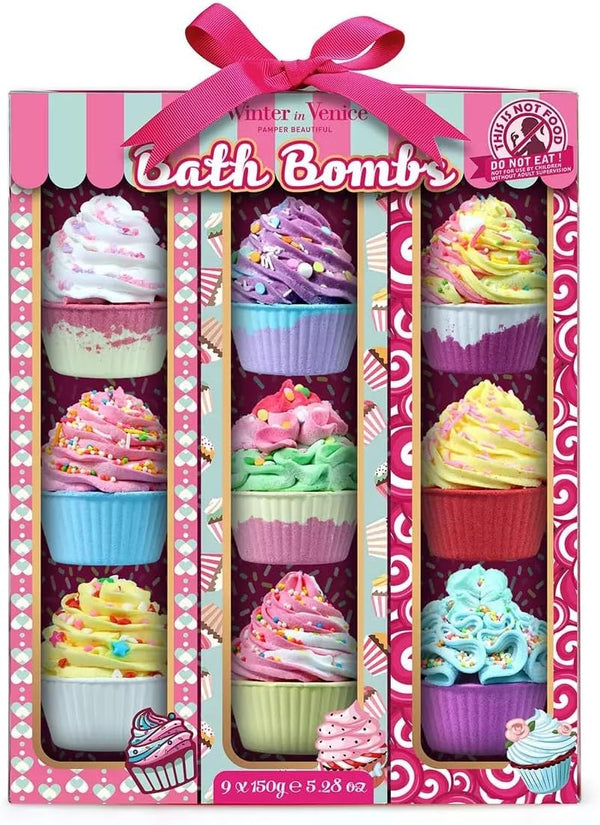 Winter in Venice Pamper Beautiful, Cupcake Bath Bombs, 9 Piece Set, 9 x 150g