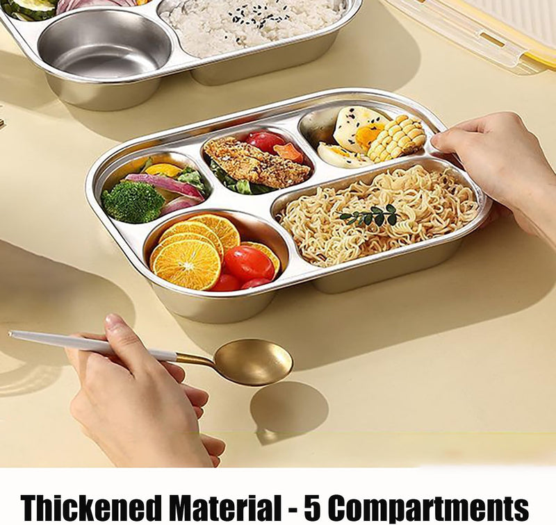 Stainless Steel Lunch Box with Plastic Lids - Bento Box 5 Compartments Reusable Meal Prep for Kids Adult School, Home Lunch, Travel