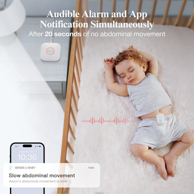 Sense-U Smart Baby Monitor Tracks Baby's abdominal Movement, Feeling Temperature and Stomach Sleeping for Baby Safety with Audio Alarm on Smartphone