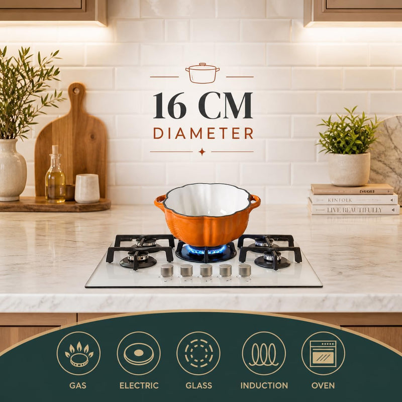 Stockpot with Lid, Enameled Cast Iron Dutch Oven, 1.5L Pot with Lid Two Handles, 16cm Heavy-Duty Cookware for Braising, Stews, Roasting, Bread Baking, Orange pumpkin