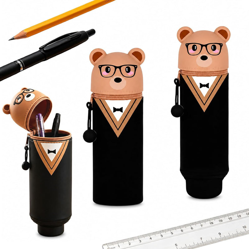 Kawaii Pencil Case 2 in 1 Retractable Pencil Pouch, Silicone Pencil Case with Stand Up Pen Holder, Cute Stationery Organizer Pouch (Bear) - Bear
