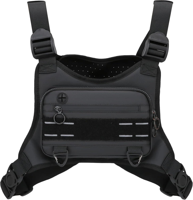 Sports Chest Bag For Men Women, Water Resistant Lightweight Front Chest Pack, Running Vest Bag With Built-In Phone Holder & Extra Storage For Workouts, Running, Cycling - Black