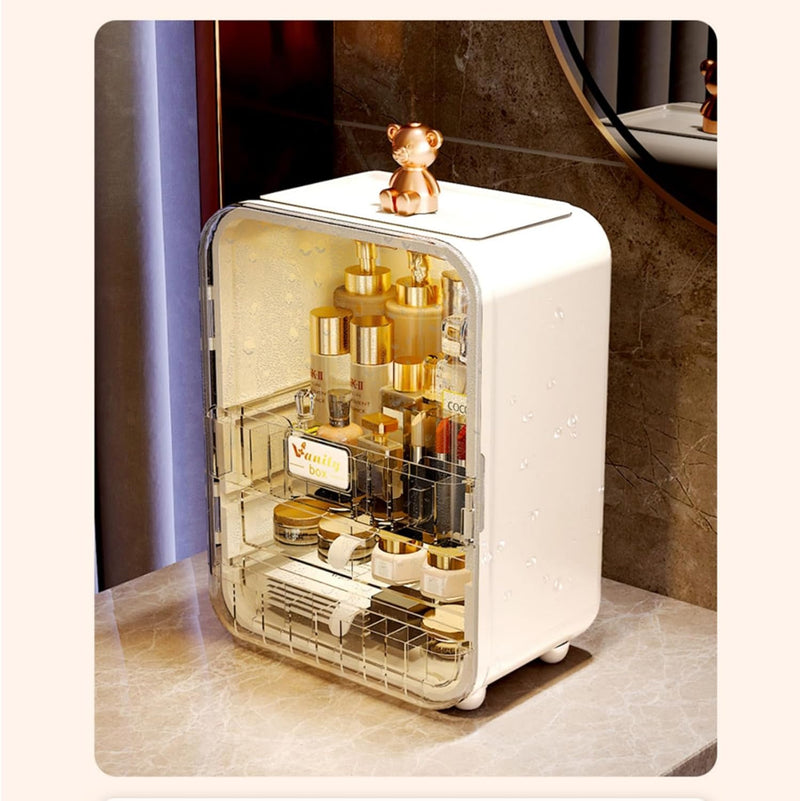 NOGOO Cosmetics Storage Box with LED Light and Mirror,Makeup Display Case with Two Drawer Storage Box and Brush Storage, Large Capacity SkinCare Organizers for Bathroom Countertop,Bedroom Vanity Desk