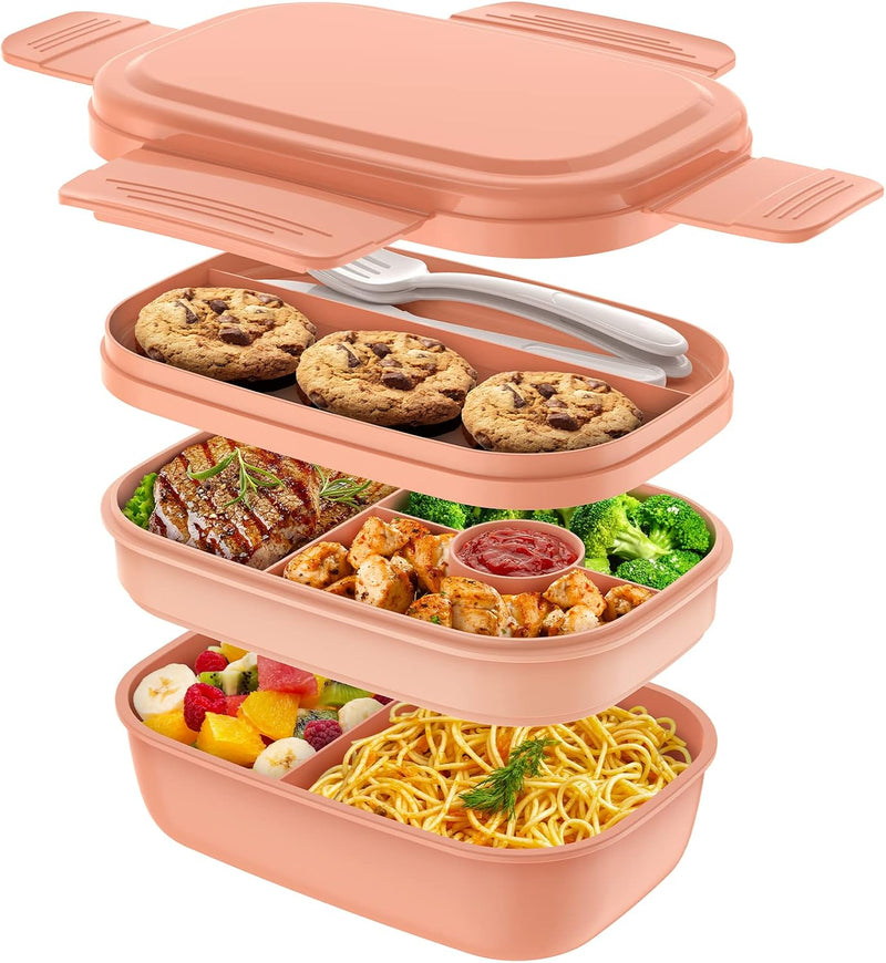 Bento Box Adult Lunch Box,3 Stackable Bento Lunch Containers for Adults/Kids, Modern Minimalist Design Bento Box with Utensil Set, Leak-Proof Lunchbox Bento Box for Dining Out, Work, Picnic, School - Pink
