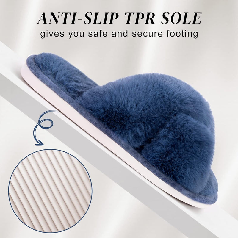 Women's Cross Band Slippers Soft Plush Furry Cozy Open Toe House Shoes Indoor Outdoor Faux Rabbit Fur Warm Comfy Slip On Breathable
