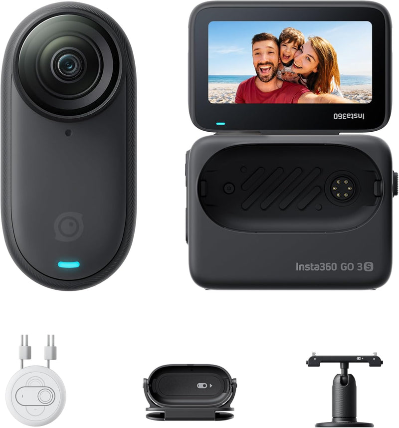 GO 3S 128GB 4K Mini Portable Vlogging Camera, Hands-Free, Mount Anywhere, Stabilization, 140-Minute Battery life, 10m Waterproof, Apple Find My, Pet POV, White - Black Standard Bundle-128GB
