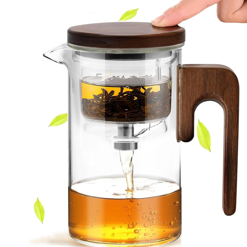 Enchanti Tea Pot, Glass Teapot with Infuser Strainer, Intelligent Water Glass Teapot with Dual Infusers Water Separation Technology,Magical Push Control Glasses Teapot for Loose Leaf&Herbal Teas-600ML