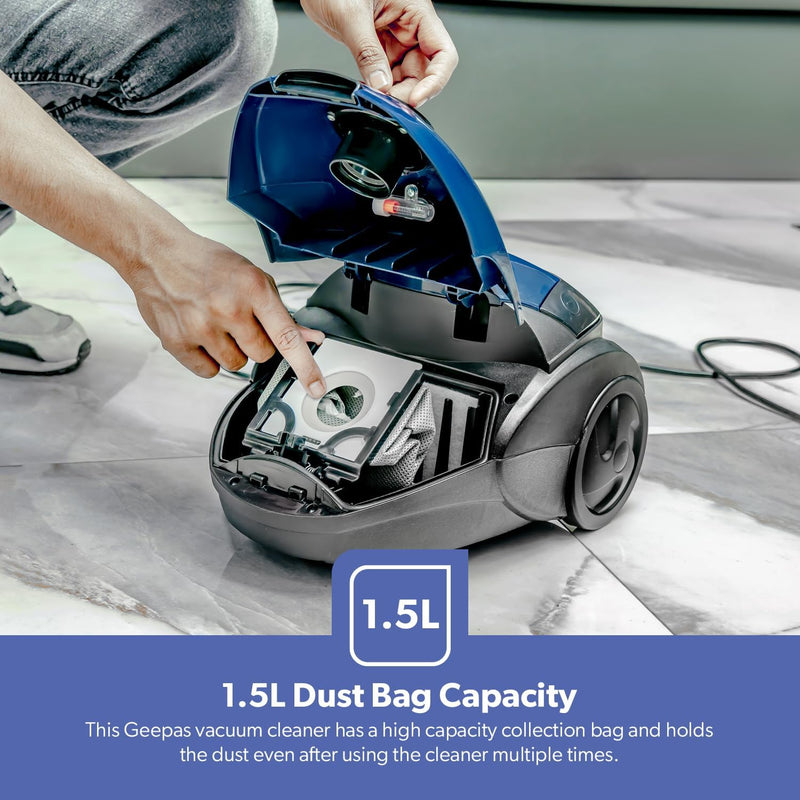 Geepas Vacuum Cleaner GVC2595-Handheld & Stick, 1.5L Dust Bag Capacity, 1400W Powerful Motor Comfortable Handle, Rolling wheels with Easy Parking Nozzle and Dust Full Indicator