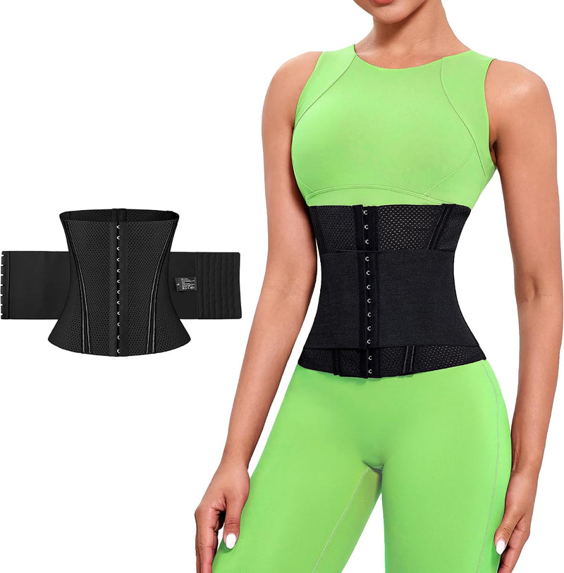 Waist Cincher Corset Women's Shapewear Waist Shaper Breathable Mesh Waist Belt Tummy Tuck Corset Waist Trainer with Double Level 6 Rows Hooks - black